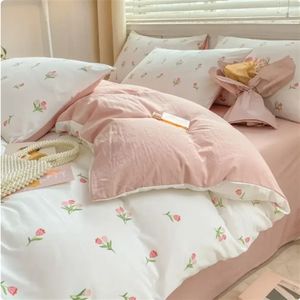 Koreaanse stijl beddengoed set twin vol queensize bed linnen zacht platte plaat roze kussensloop geen vullende kinderen meisjes bloemen dekbedovertrek 240417