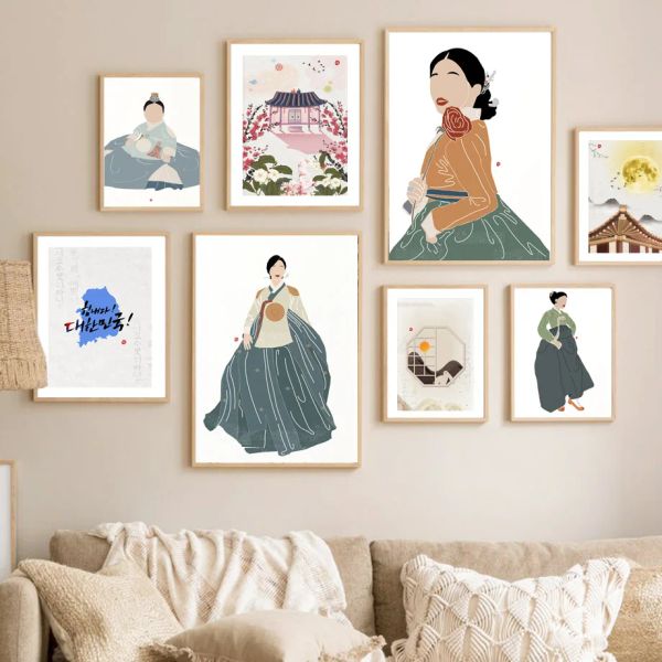 Style coréen Boho Hanbok Girl Asian Wall Art toile peinture des affiches et imprimés nordiques images abstraites pour décoration de salon