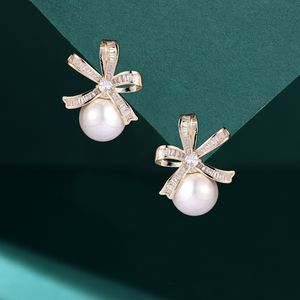 Boucles d'oreilles à nœud de Style coréen S925, aiguille en argent AAA Zircon perle d'eau douce, boucles d'oreilles haut de gamme, mode femmes, bijoux de fête de mariage, cadeau de saint-valentin SPC