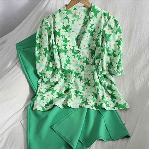 Koreaanse stijl chic elegante chiffon 2 stuk sets dames outfits bubble korte mouw bloemen shirt blouse + split lange rok pakken 210514