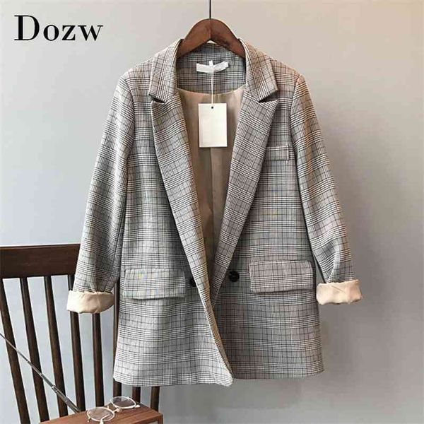 Style coréen Chic Plaid Blazer Femmes Bureau Porter À Manches Longues Femme Veste Vintage Lâche Poches À Double Boutonnage Manteau 210515