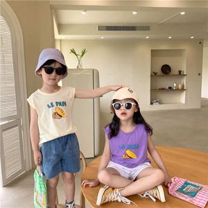Enfants de style coréen mignon pain impression manches T-shirts garçons et filles coton gilets lâches 210615