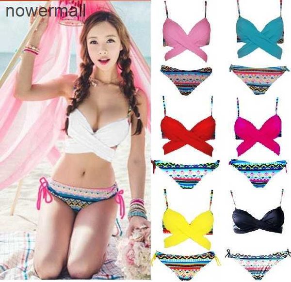 Estilo coreano entrecruzado Halter Top Wrap Bikini Push Up trajes de baño Sexy estampado traje de baño inferior mujeres vendaje traje de baño