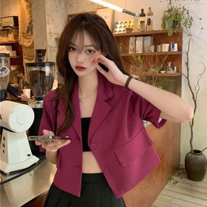 Style coréen Blazers coupés Femmes Summer Suit à manches courtes minces Veste femme Couleur solide Breasted Outwear Coats 240417