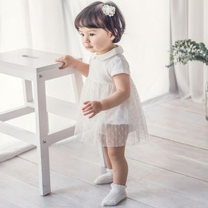 Koreaanse stijl schattige baby meisjes gouden borduurwerk mesh prinses jurk 0-2 jaar katoenen korte mouw verjaardag jurken 210508