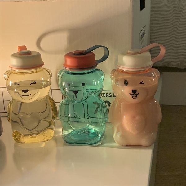 Style coréen mignon dessin animé ours Double couvercle paille tasse eau fille coeur été étudiant Portable en plastique pratique 220509