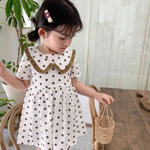 Style coréen dot imprimé mignon col de feuille de Lotus robe à manches courtes petite princesse robes décontractées vêtements 210508