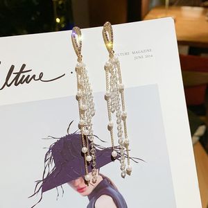 Estilo coreano elegante borla larga perla cristal gota pendientes gotas de agua para fiesta regalos de boda joyería de lujo colgante araña