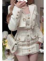 Estilo coreano elegante vintage conjunto de dos piezas mujeres dulce lana chaquetas cortas borla diseño mini vestido traje mujer moda outfitn 240301