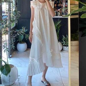 Estilo coreano elegante vestido blanco verano cuello redondo moda señoras Color sólido Casual Irregular mujer ropa 210623