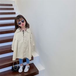 Koreaanse stijl mode losse trenchjassen voor meisjes katoen beige All-match lange oversized jassen 210708