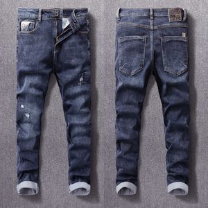 Style coréen mode hommes jean haute qualité rétro bleu foncé élastique mince déchiré Streetwear décontracté Denim crayon pantalon A658