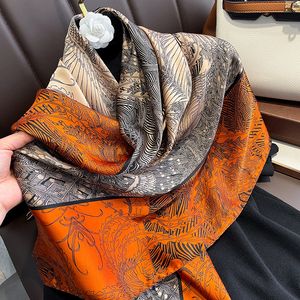 Style coréen à la mode printemps et automne léger patchwork couleurs assorties bordure orange noir phénix soie artificielle grand foulard