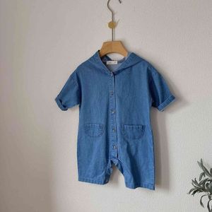 Style coréen infantile enfants barboteuses en denim à manches longues bébés garçons filles combinaisons à capuche lâches 210508