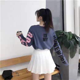 Koreaanse stijl brief gedrukt caual college wind losse normale O-hals lange mouw vrouwen vrouwelijke top T-shirts 210522