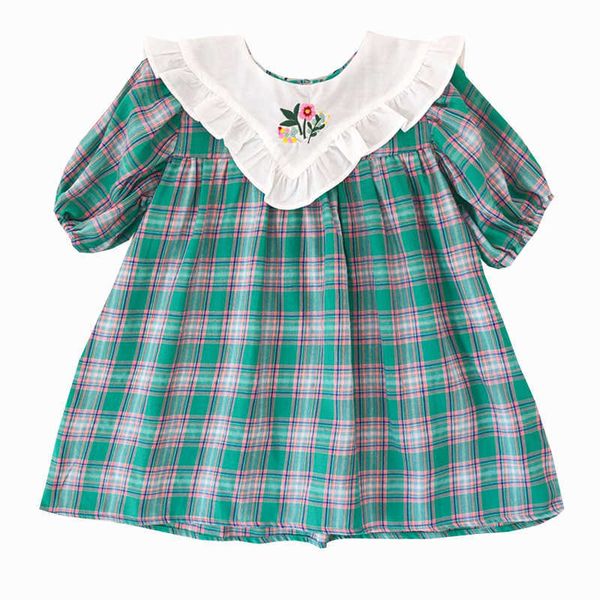 Style coréen Petites filles Robes de broderie Vêtements pour enfants Fille Corée Robe Bébé Été Plaid Frocks Enfants Tenues 210615