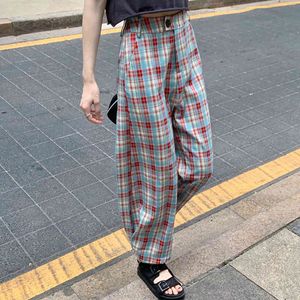Koreaanse stijl lange broek plaidmode streetwear vrouwen plus size casual hoge taille broek vrouwelijke vintage brede beenbroek dames 210416