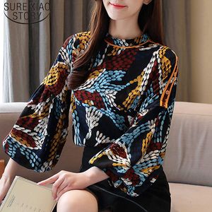 Koreaanse stijl lange mouwen print shirt vrouwen vintage o-hals vrouwen tops en blouse elegante bladerdeeg mouw kleding Blusas mujer 8349 50 210528