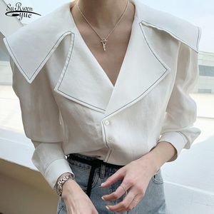 Koreaanse stijl lange mouw single breasted vrouwen shirts kantoor dame witte zwarte blouse vrouwelijke elegante dameskleding 12140 210508