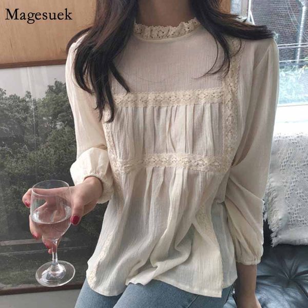 Estilo coreano de manga larga de encaje con cuello levantado Tops plisado dulce sólido otoño blusa mujer encaje costura camisa delgada Blusas