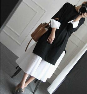 Vestido de manga larga de moda de maternidad de estilo coreano, ropa de otoño para mujeres embarazadas, vestido de algodón blanco y negro de estilo preppy, venta al por mayor