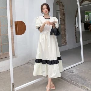 Koreaanse stijl moederschap vintage jurk korte mouw vierkante kraag blok kleur patchwork zwangere vrouw katoen linnen los 240326