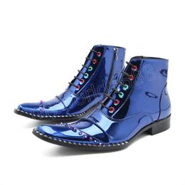 Estilo coreano botas masculinas dedo do pé apontado azul botas de tornozelo de couro genuíno homens rendas de couro tornozelo botas hombre