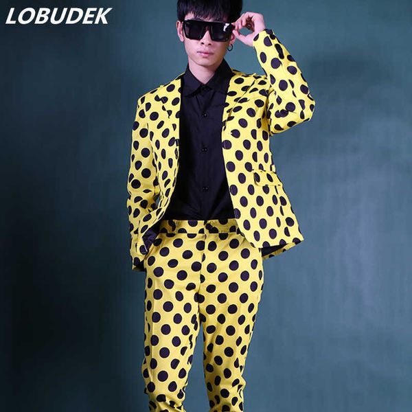 Costume pour hommes de style coréen jaune noir blanc point lâche blazer pantalon ensemble punk hip hop costumes de scène chanteur hôte discothèque DS costume x0909