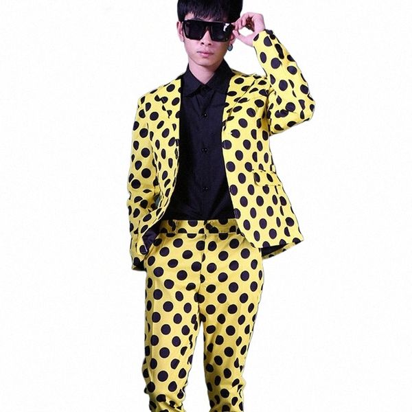 Costume de style coréen pour hommes jaune noir blanc point lâche blazer pantalon ensemble punk hip hop costumes de scène chanteur hôte discothèque DS costume G1Sx #