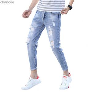 Style coréen taille moyenne bouton veste pour homme poches hommes coupe ajustée jean moulant trous déchirés coupe ajustée Denim pantalon Streetwear HKD230829