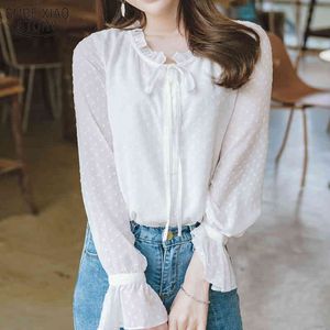 Koreaanse stijl ol blusa stand kraag herfst aankomst vrouwen shirt zoete vrouwelijke polka dot lange mouw Suntan blouse 10418 210508