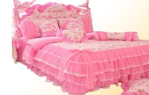 Lit de lits de literie en dentelle rose de style coréen Set King Queen 4pcs Princesse couette à couverture jupes de lit en coton