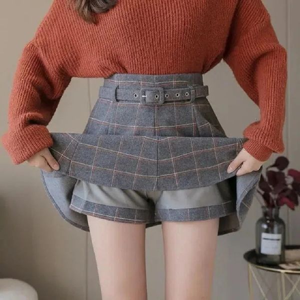Jupe short à carreaux de style coréen, mini jupe trapèze taille haute pour femmes, kawaii, automne-hiver, courte en laine avec ceinture, 231220