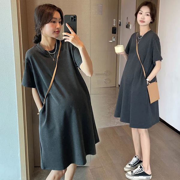 Style coréen grande taille femme enceinte vêtements couleur unie à manches courtes en vrac décontracté Oneck maternité coton chemises mini robes 240326