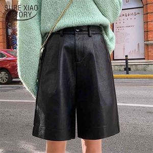 Koreaanse stijl PU lederen shorts vrouwen herfst winter elastische taille losse broek plus size shortsfashion kleding 8207 210510
