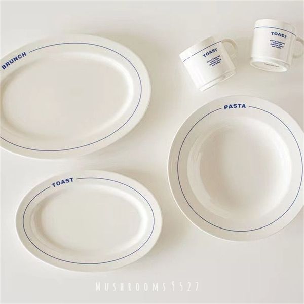 Style coréen rétro lettres Simple bleu assiette en céramique vaisselle pâtes riz frit ovale assiette profonde petit déjeuner Dessert Snack assiette 220307