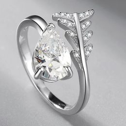 Style coréen S925 argent plume feuille anneau incrusté Transparent goutte d'eau diamant personnalité redimensionnable bijoux pour petite amie
