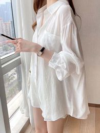 Style coréen chemise femmes été crème solaire Blouse dames glace soie blanc ong manches Protection solaire Cardigan mince manteau 240202
