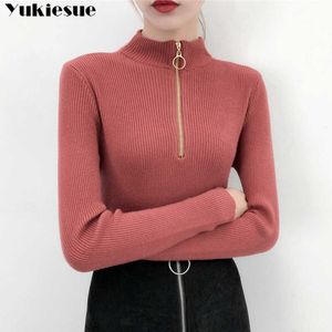 Koreaanse stijl skinny trui vrouwen trui casual half coltrui lange mouwen brei vrouwelijke jumpers solide basis trui 210608