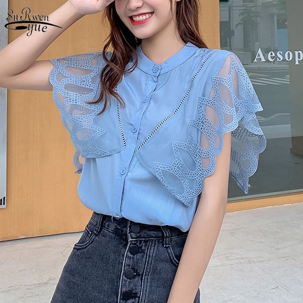 Style coréen Couture solide Manches en dentelle Chemises tout-match Femmes Grande taille Tops Summer Fashion Cardigan sans manches 10222 210521