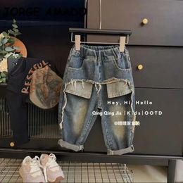 Koreaanse stijl lente herfst kinderen jongen meisje jeans baby terug patch zak cowboy broek wassen volledige lengte denim broek H8160 240118
