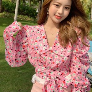 Koreaanse stijl lente blouse vrouwen roze bloem bladerdeekstop dames elegante peter pan kraag lace up boog chique blouse 210518