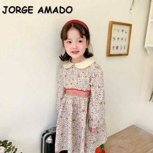 Koreaanse stijl lente meisjes jurk elastische taille Peter Pan Collar Floral Princess Jurken kinderkleding E641 210610