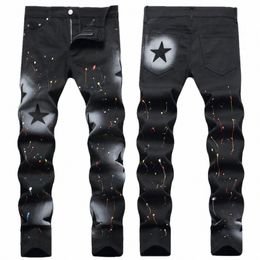 Estilo coreano Streetwear Pantalones vaqueros de pierna recta de lujo Pantalones Cott para hombres Negro pintado a mano Slim Cowboy Star Stretch Denim Pants H0zB #