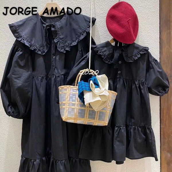 Conjuntos a juego de la familia de verano de estilo coreano Audrey Hepburn Vestido de manga larga negro Madre Hija Trajes retro E12 210610