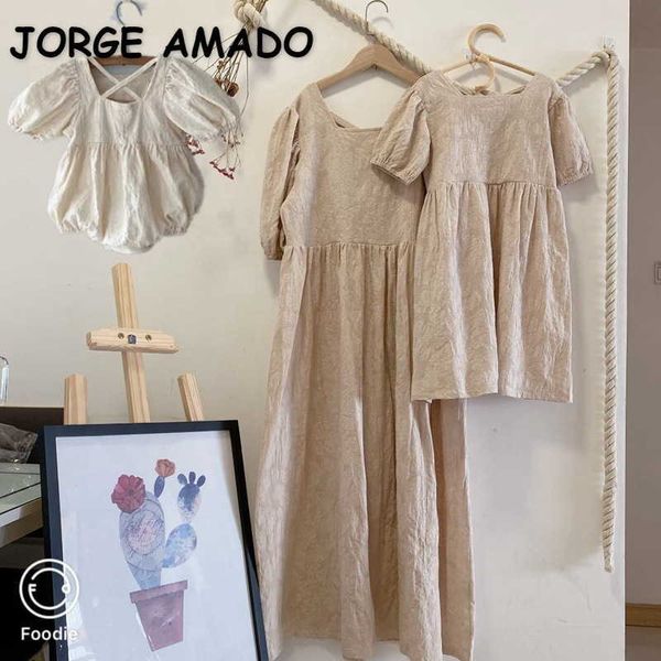 Conjuntos de juego de verano de estilo coreano conjuntos de juegos de verano + vestido cruce mono Madre hija Baby Born Outfits E6565 210610