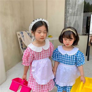 Style coréen Summer Girls Plaid Robes à manches courtes Col de poupée Robe à bretelles en coton 1-6Y 210615