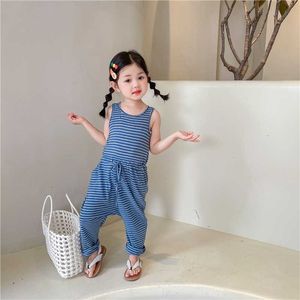 Koreaanse stijl zomer kinderen meisjes jumpsuit blauw gestreepte mouwloze vest romper kinderen casual kleding E6025 210610