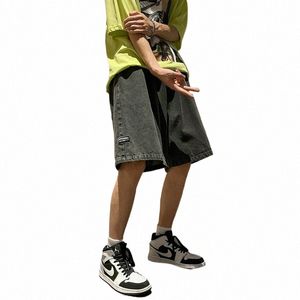 Style coréen Été Hommes Noir Large Jambe Denim Shorts 2023 Nouveau Fi Casual Baggy Jeans Courts Mâle Marque Vêtements d4pT #