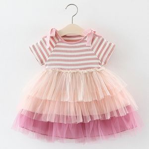 Style coréen Enfant Princesse Enfants Bébé Fille Robe d'été Couleur unie Couture rayée Coton Fête Vêtements décontractés 210508